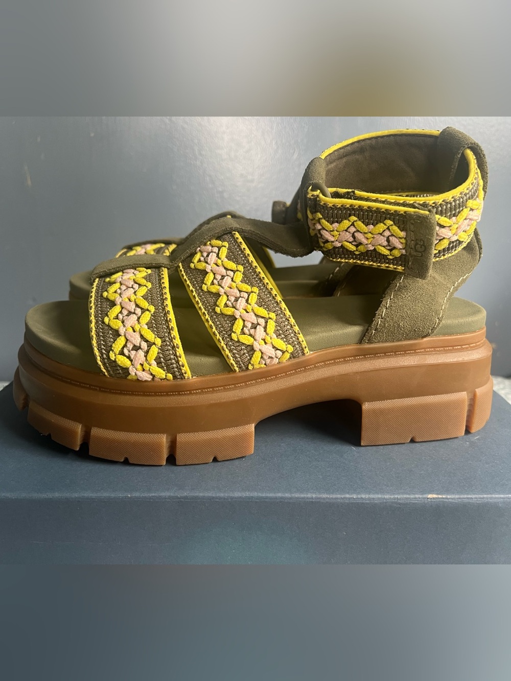 UGG Olive Suede Platform Sandal with Yellow and Pink Braided Straps